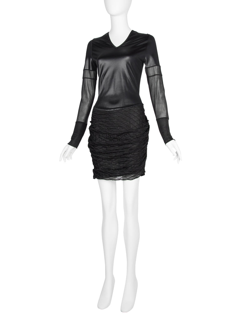 Helmut Lang Vintage 1992 Liquid Stretch Sheer Paneled Diamond Stitched Dress