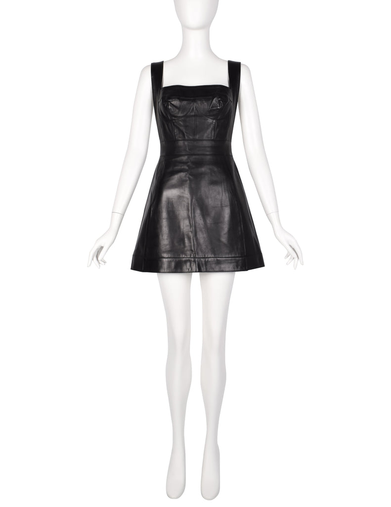 Herve Leger Vintage Black Leather Bustier Mini Dress