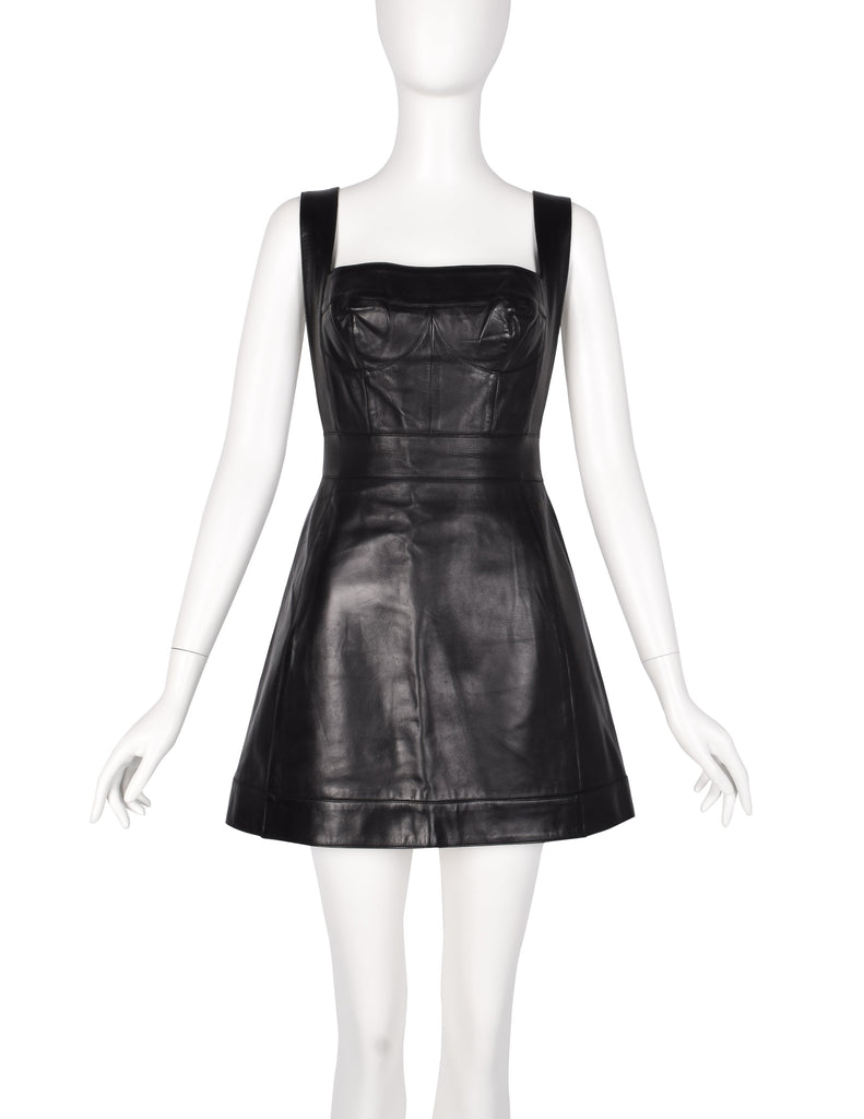 Herve Leger Vintage Black Leather Bustier Mini Dress