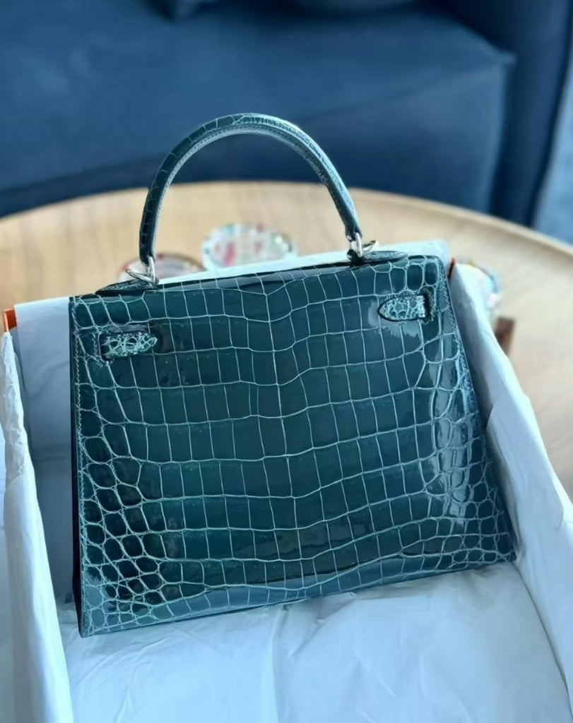 Hermes Kelly 25 vert cypress shiny crocodile leather Palladium hardware
