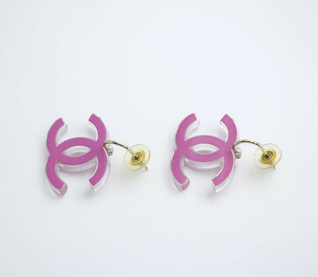 Chanel Vintage 07P Resin Pink and Clear Large CC Drop Hoop Earrings
