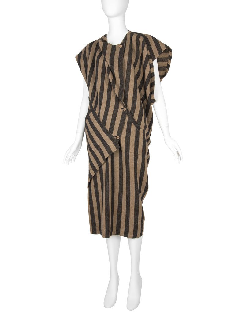 Issey Miyake AW 1984 Beige and Grey Striped Draping Conceptual Dress