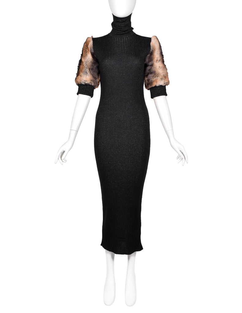 Jean Paul Gaultier Vintage AW 1993 Black Sparkly Knit Faux Fur Sleeve Dress