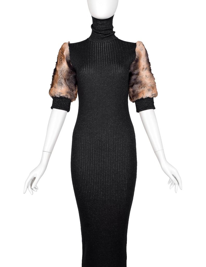 Jean Paul Gaultier Vintage AW 1993 Black Sparkly Knit Faux Fur Sleeve Dress