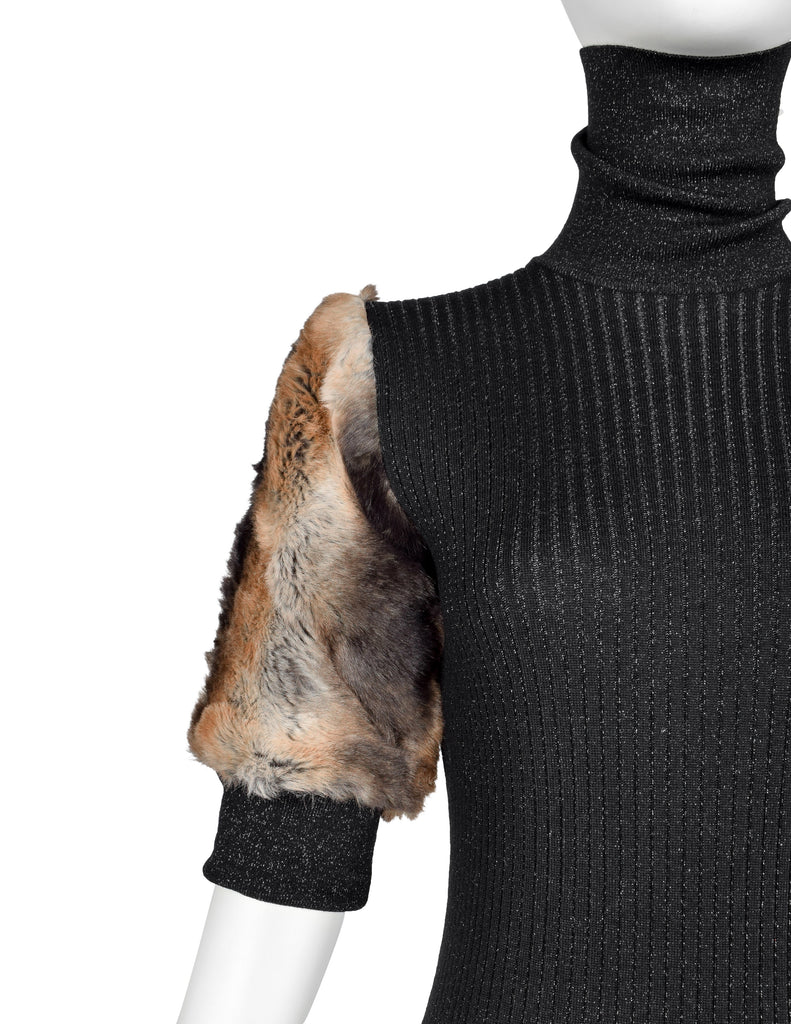 Jean Paul Gaultier Vintage AW 1993 Black Sparkly Knit Faux Fur Sleeve Dress