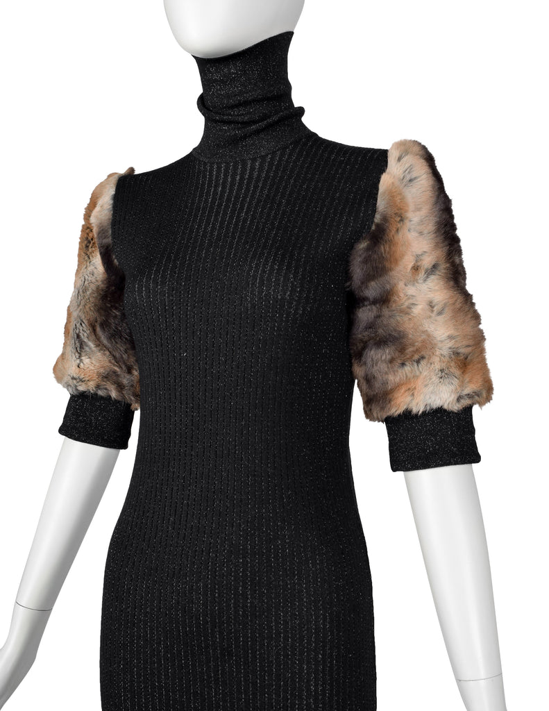 Jean Paul Gaultier Vintage AW 1993 Black Sparkly Knit Faux Fur Sleeve Dress