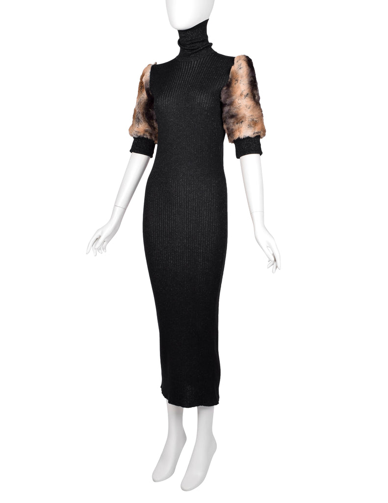 Jean Paul Gaultier Vintage AW 1993 Black Sparkly Knit Faux Fur Sleeve Dress