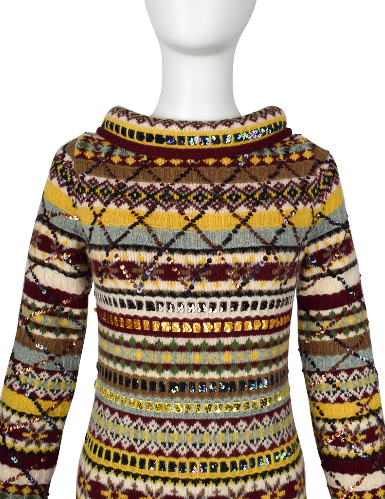 Jean Paul Gaultier AW 1999 Multicolor Fair Isle Sequin Embellished Knit Maxi Sweater Dress