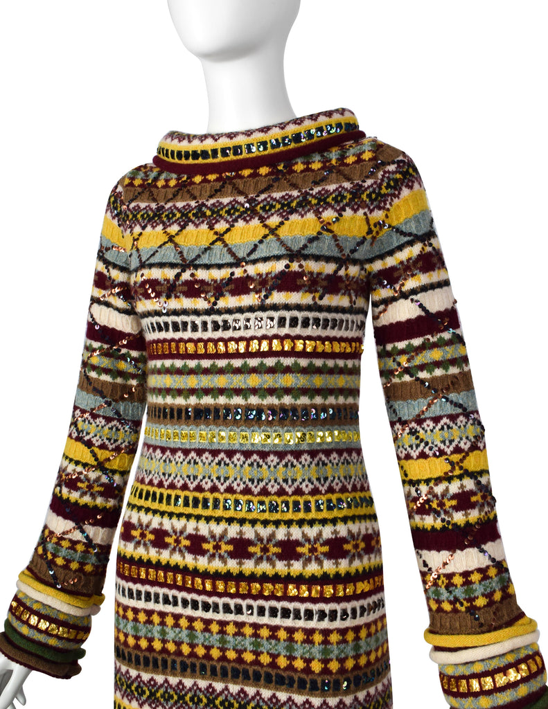Jean Paul Gaultier AW 1999 Multicolor Fair Isle Sequin Embellished Knit Maxi Sweater Dress