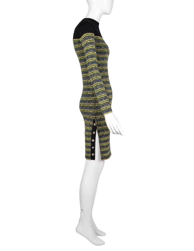 Jean Paul Gaultier Vintage AW 1990 Green Blue Black Gold Sparkly Striped Knit Mini Dress