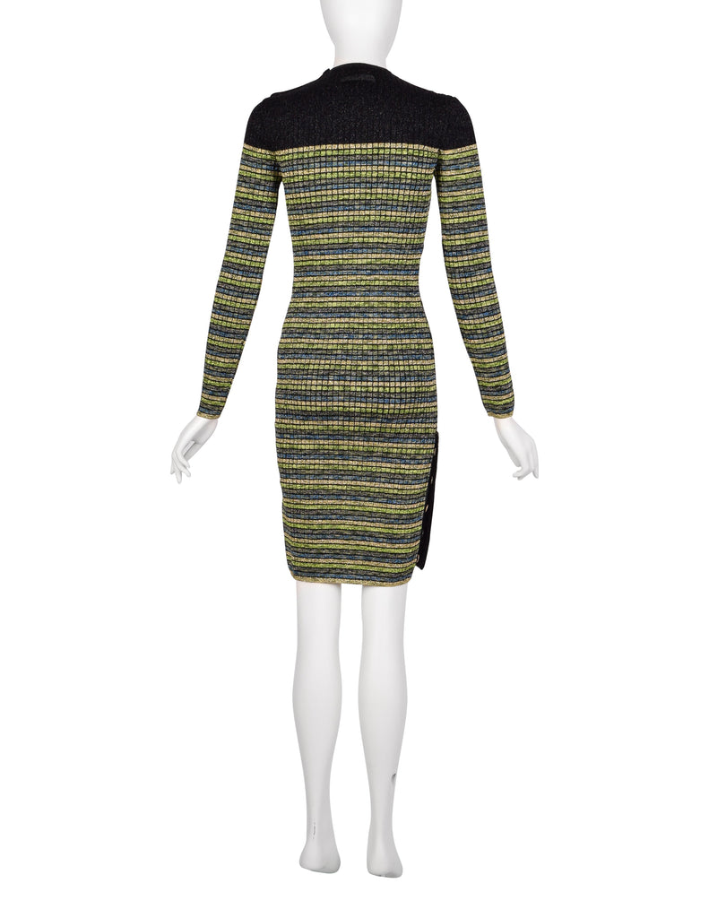 Jean Paul Gaultier Vintage AW 1990 Green Blue Black Gold Sparkly Striped Knit Mini Dress