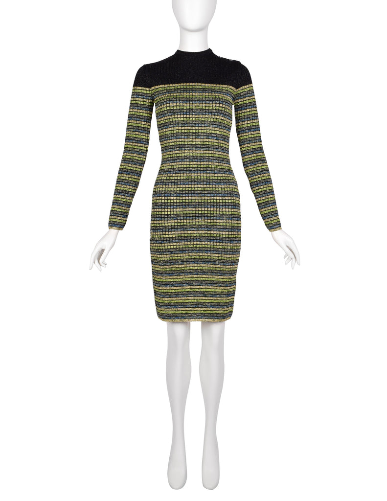 Jean Paul Gaultier Vintage AW 1990 Green Blue Black Gold Sparkly Striped Knit Mini Dress
