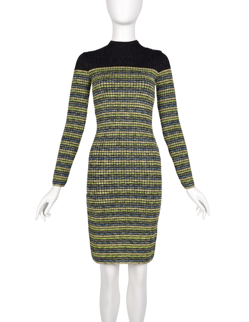 Jean Paul Gaultier Vintage AW 1990 Green Blue Black Gold Sparkly Striped Knit Mini Dress