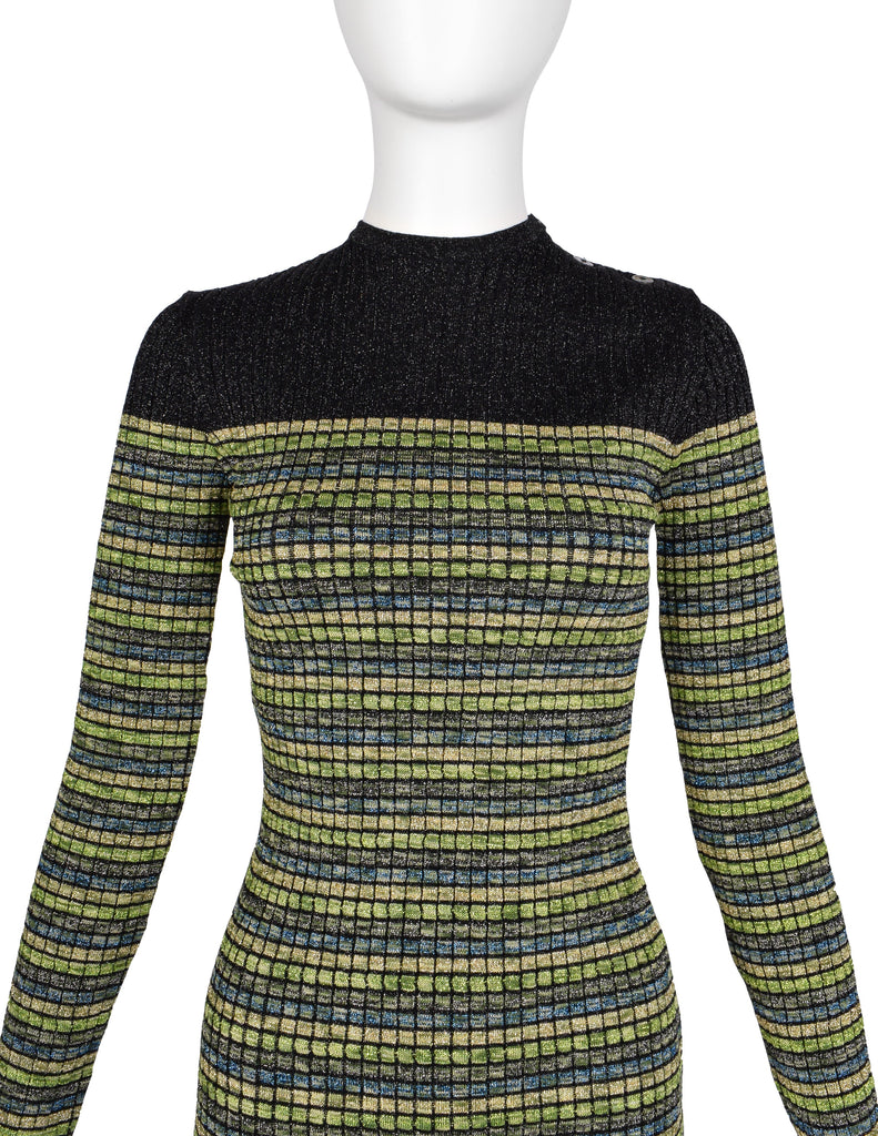 Jean Paul Gaultier Vintage AW 1990 Green Blue Black Gold Sparkly Striped Knit Mini Dress