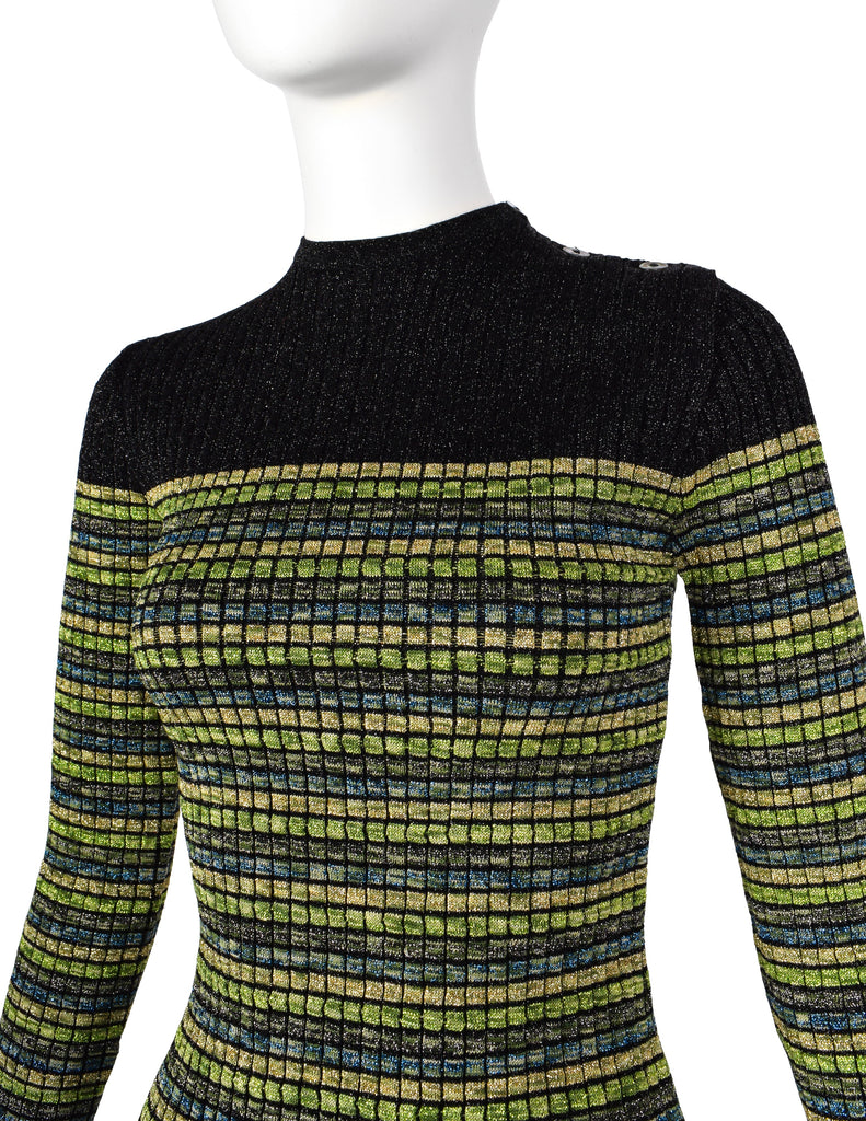 Jean Paul Gaultier Vintage AW 1990 Green Blue Black Gold Sparkly Striped Knit Mini Dress