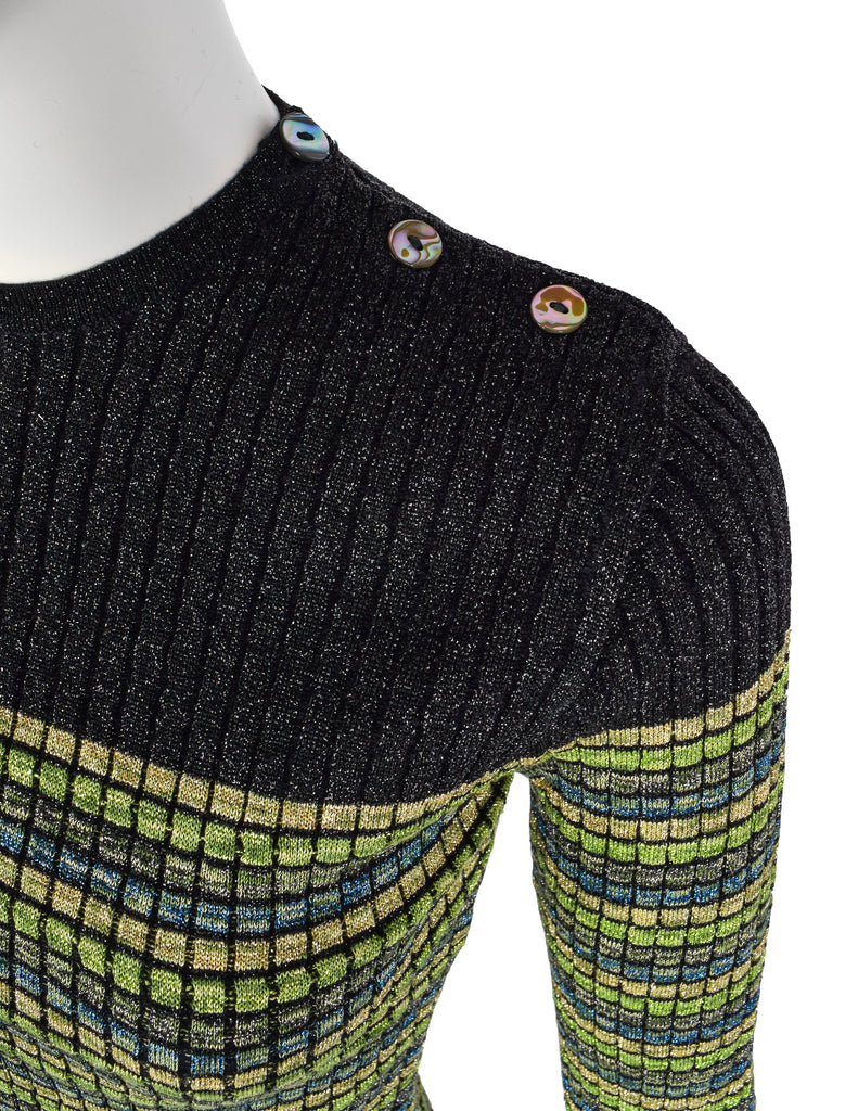 Jean Paul Gaultier Vintage AW 1990 Green Blue Black Gold Sparkly Striped Knit Mini Dress