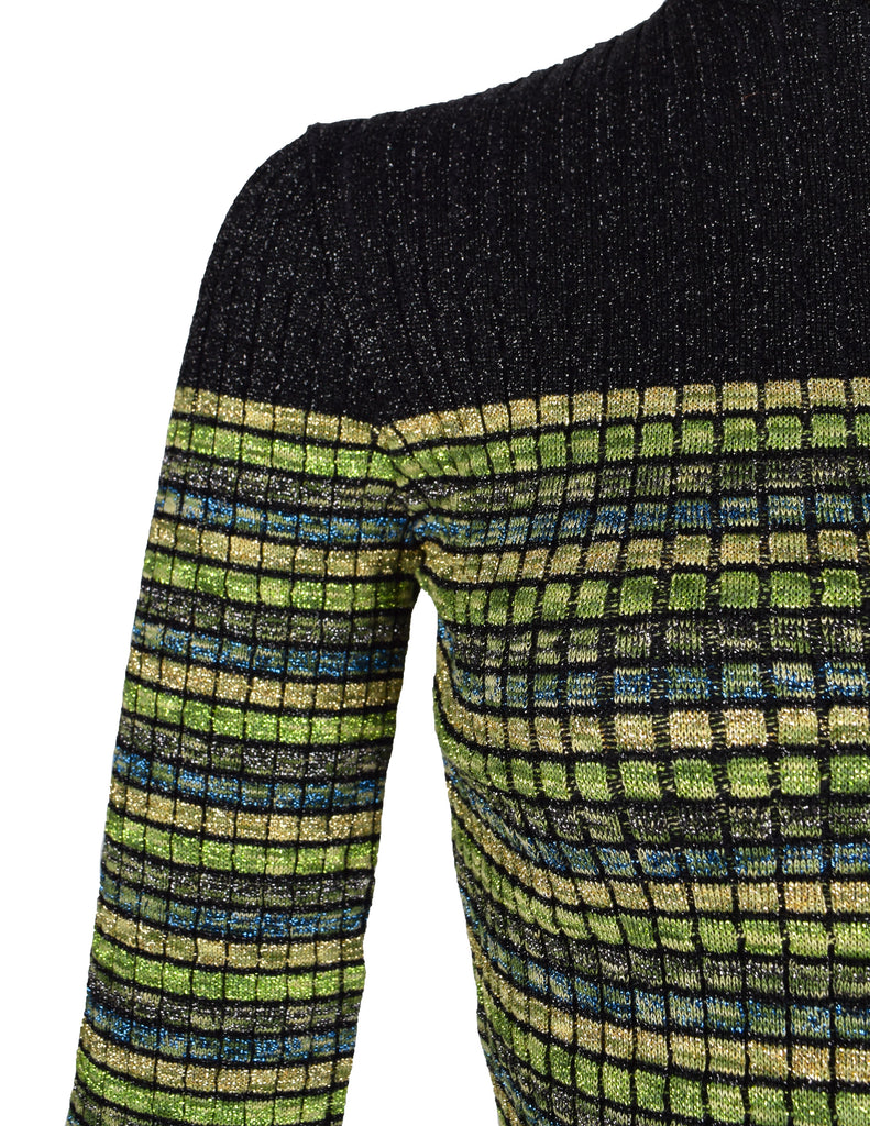 Jean Paul Gaultier Vintage AW 1990 Green Blue Black Gold Sparkly Striped Knit Mini Dress