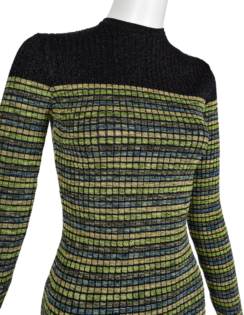 Jean Paul Gaultier Vintage AW 1990 Green Blue Black Gold Sparkly Striped Knit Mini Dress
