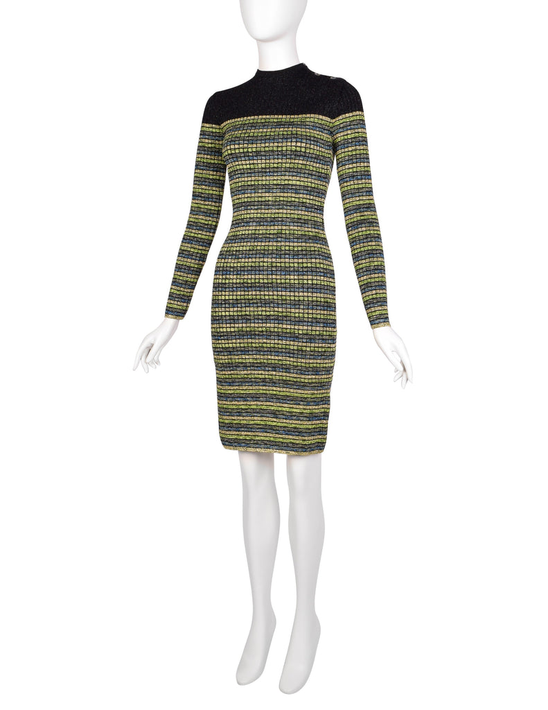 Jean Paul Gaultier Vintage AW 1990 Green Blue Black Gold Sparkly Striped Knit Mini Dress