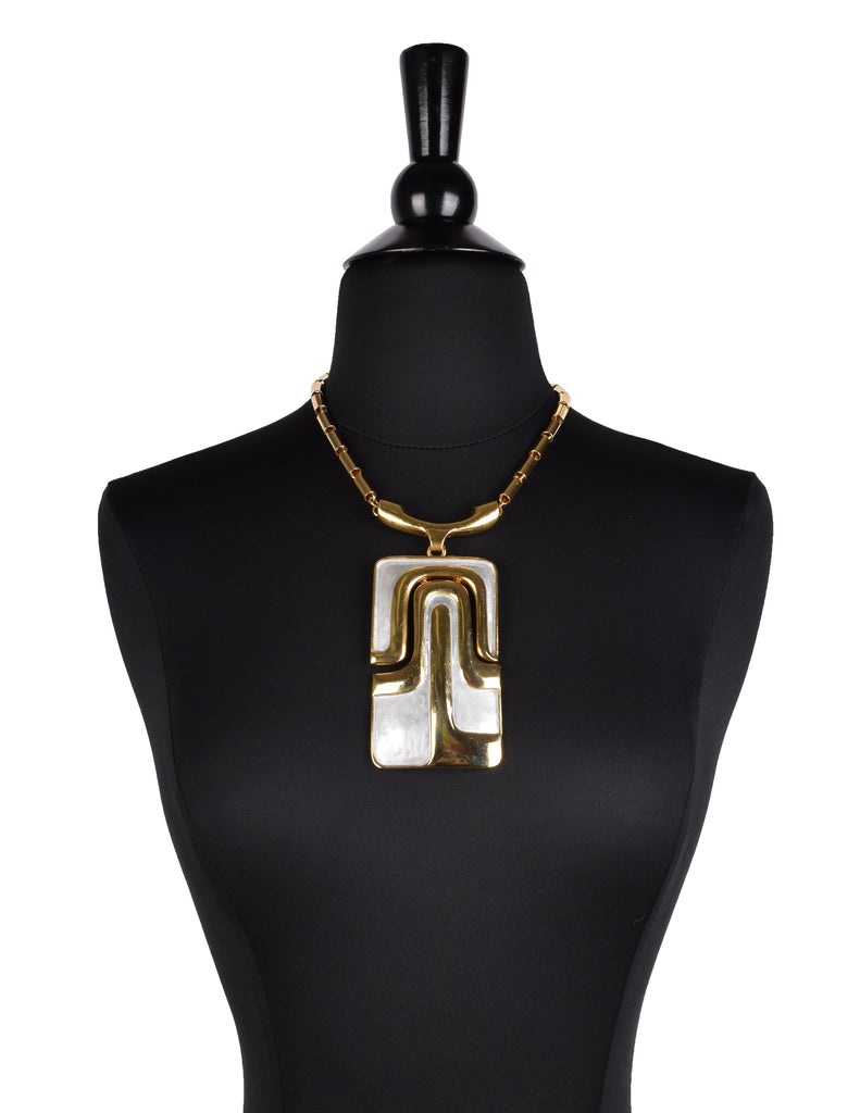 Pierre Cardin Vintage 1970s Golden and Silver Enamel Large Modernist Pendant Necklace