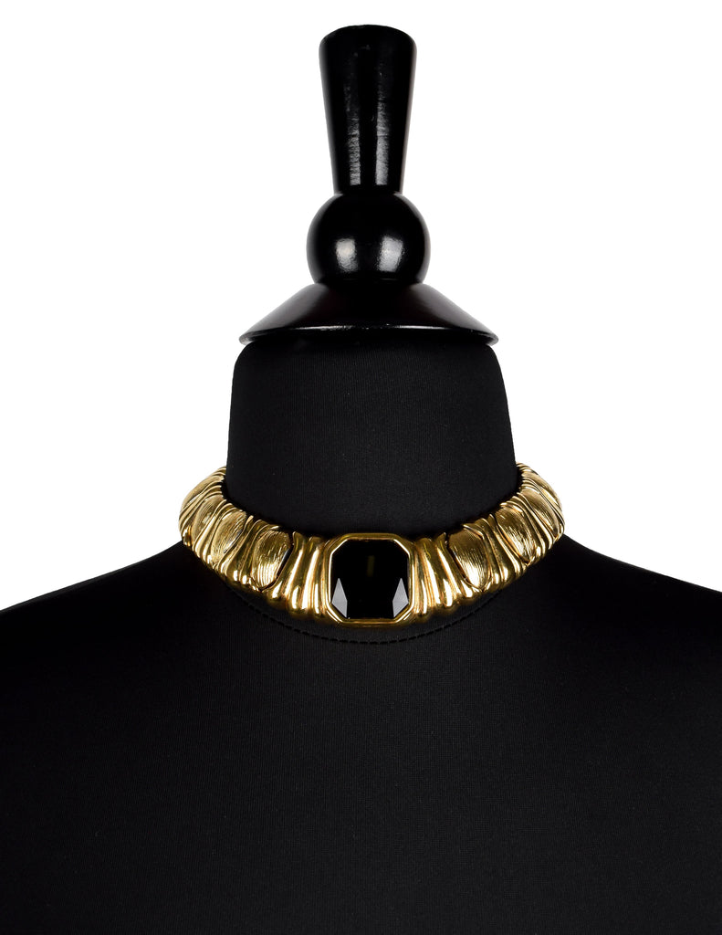 Yves Saint Laurent Vintage Black Gem and Golden Link Collar Necklace