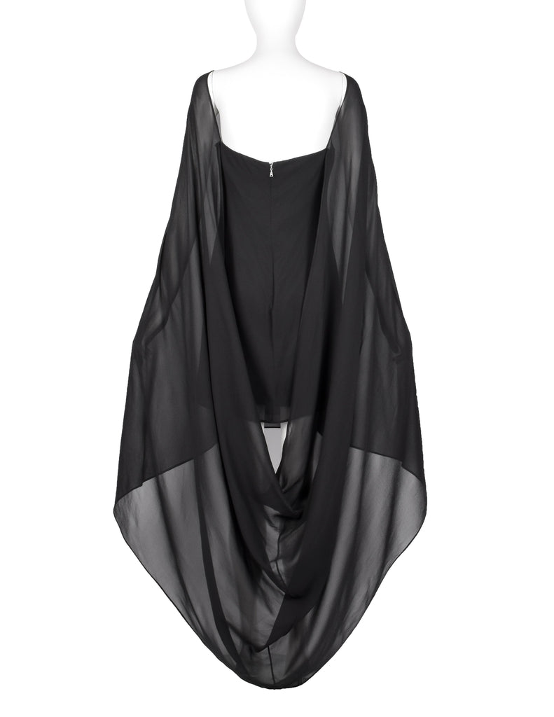 John Richmond Vintage Black Sheer Silk Beaded Dragon Mini Dress with Attached Scarf Cape