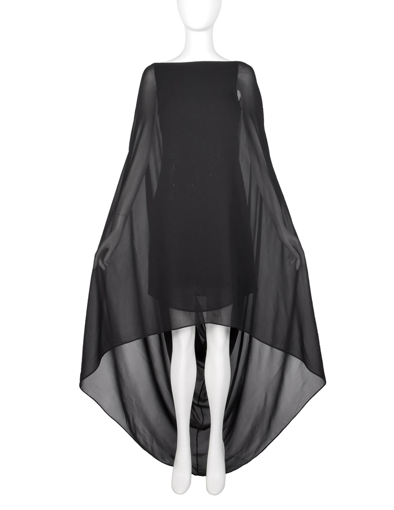 John Richmond Vintage Black Sheer Silk Beaded Dragon Mini Dress with Attached Scarf Cape
