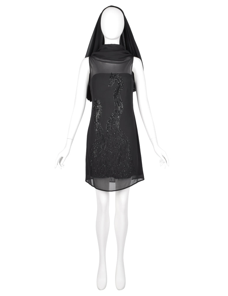 John Richmond Vintage Black Sheer Silk Beaded Dragon Mini Dress with Attached Scarf Cape