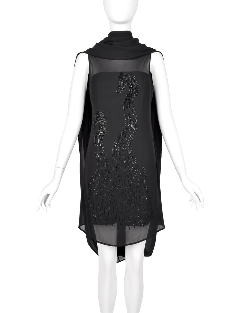 John Richmond Vintage Black Sheer Silk Beaded Dragon Mini Dress with Attached Scarf Cape