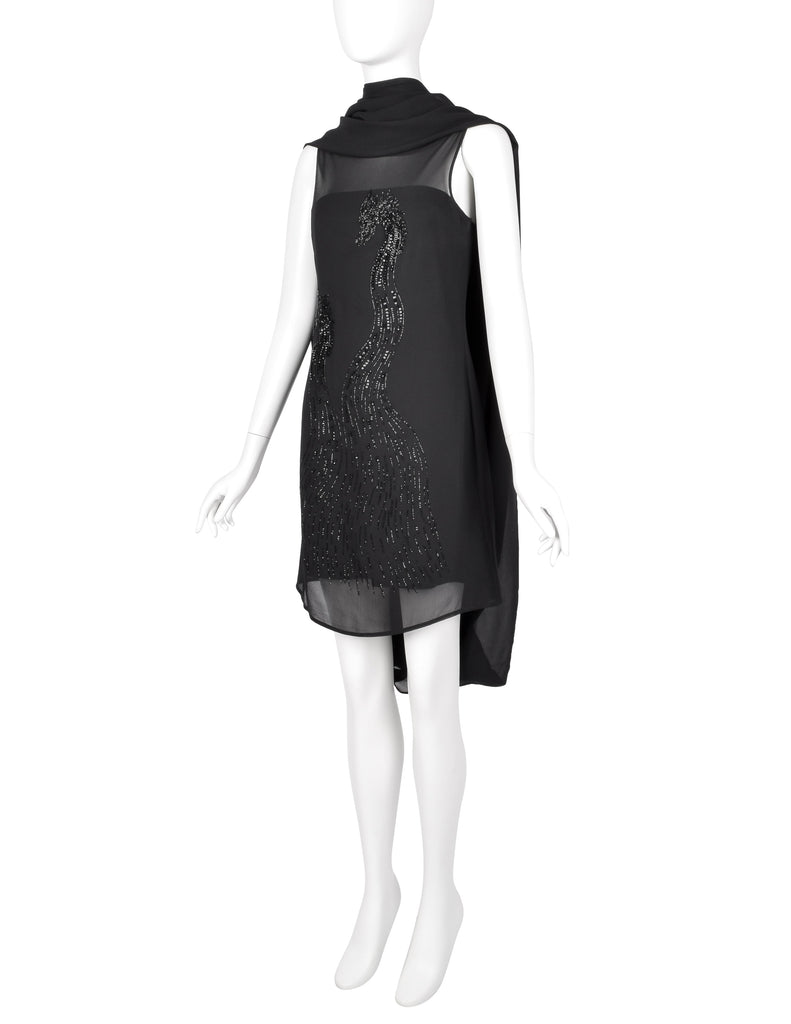 John Richmond Vintage Black Sheer Silk Beaded Dragon Mini Dress with Attached Scarf Cape