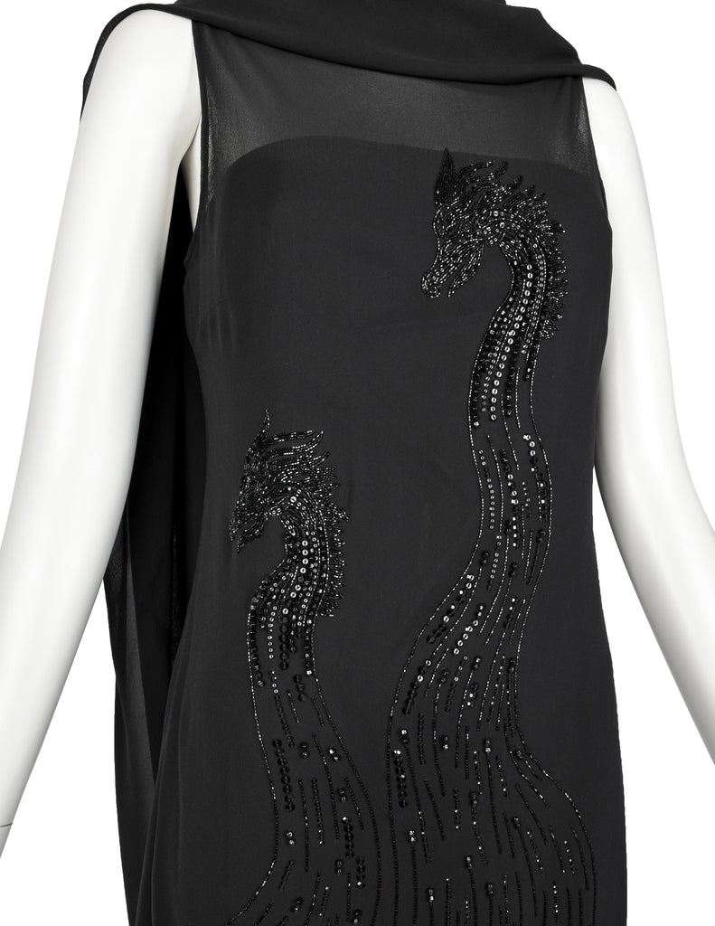 John Richmond Vintage Black Sheer Silk Beaded Dragon Mini Dress with Attached Scarf Cape