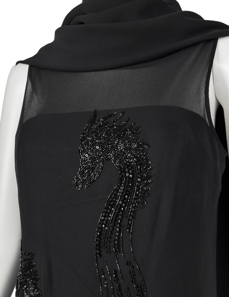 John Richmond Vintage Black Sheer Silk Beaded Dragon Mini Dress with Attached Scarf Cape