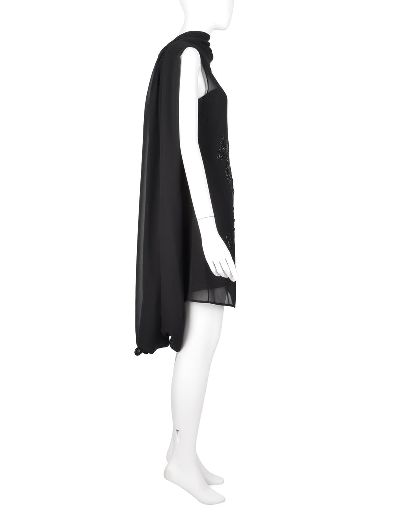 John Richmond Vintage Black Sheer Silk Beaded Dragon Mini Dress with Attached Scarf Cape