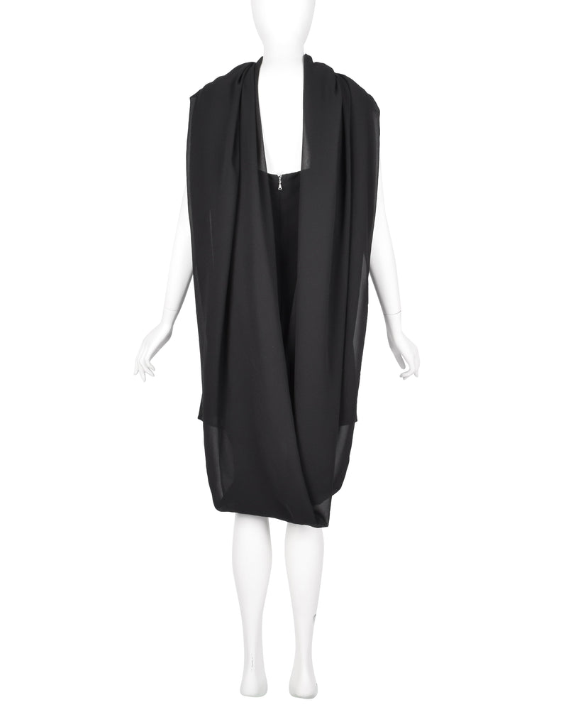 John Richmond Vintage Black Sheer Silk Beaded Dragon Mini Dress with Attached Scarf Cape