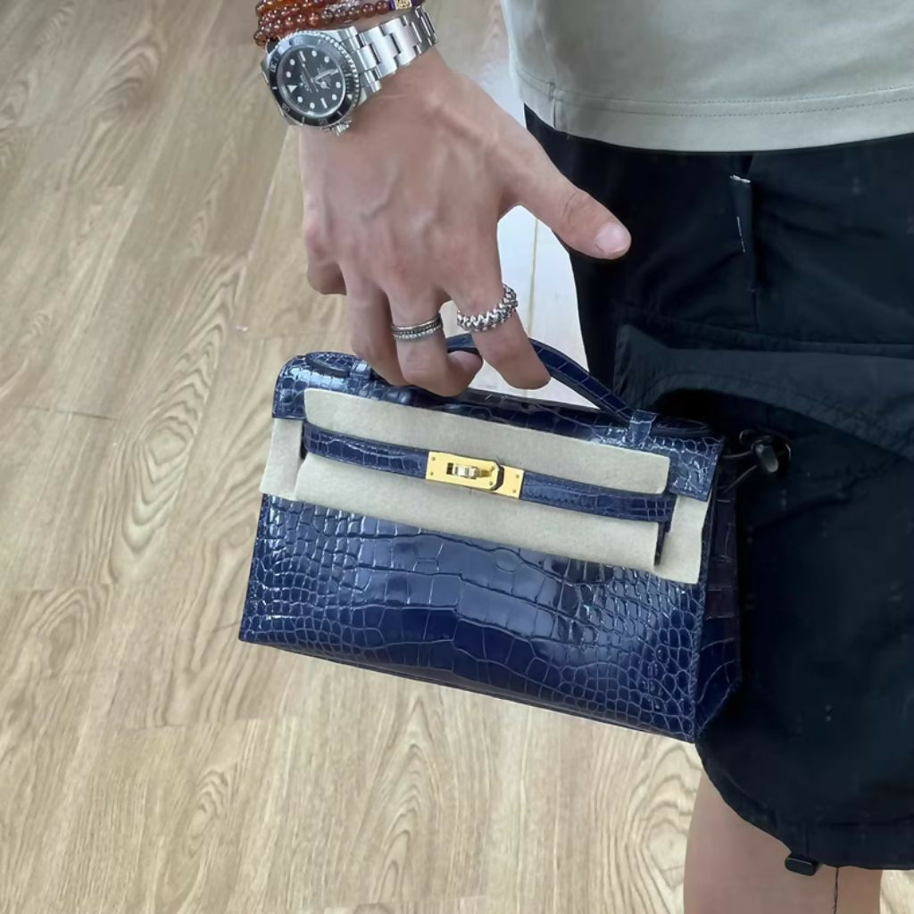 Hermès Mini Kelly Blue Shiny Crocodile with Gold Hardware