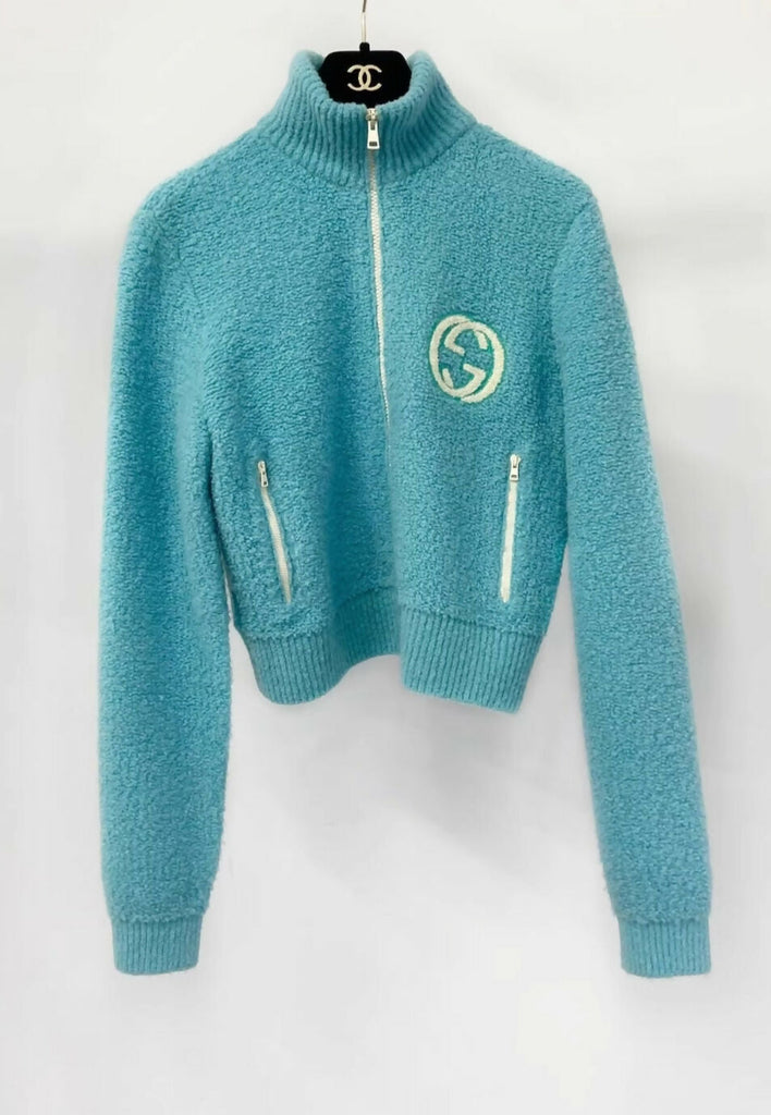 Gucci blue large logo double G wool zipper jacket