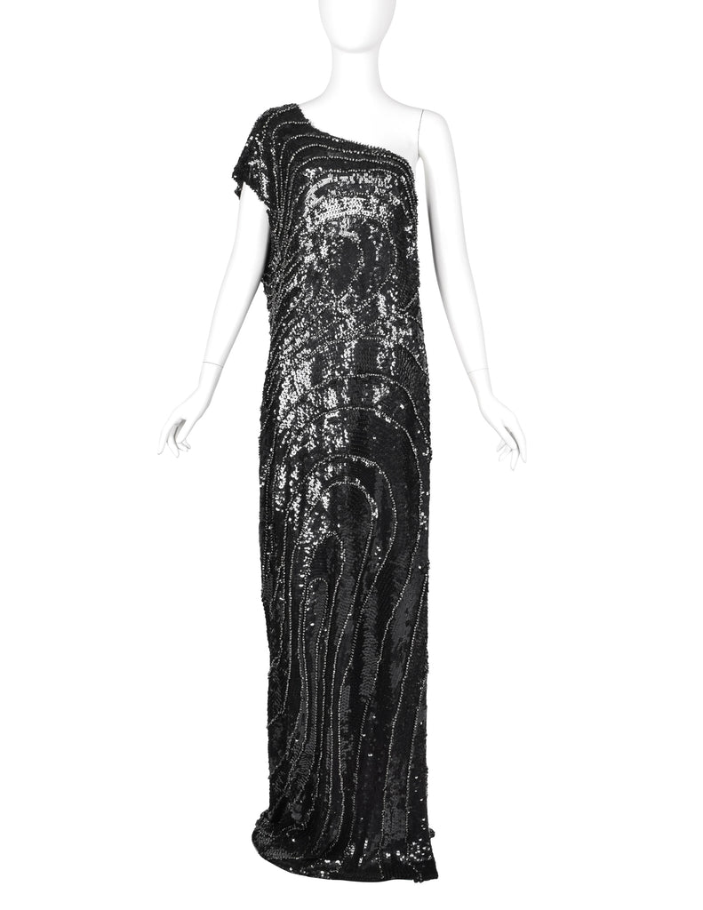 Krizia Vintage AW 2006 Black Silver Beaded Sequin Silk One Shoulder Gown