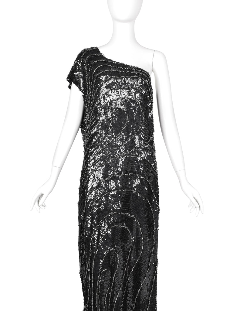 Krizia Vintage AW 2006 Black Silver Beaded Sequin Silk One Shoulder Gown