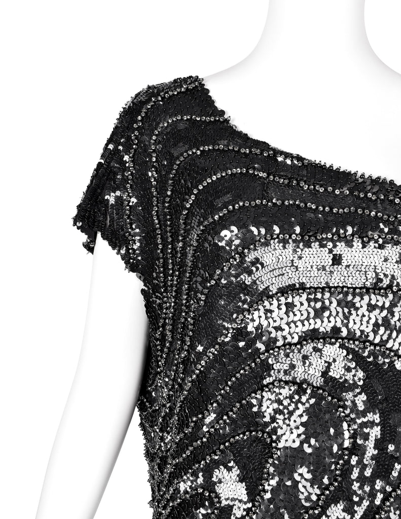 Krizia Vintage AW 2006 Black Silver Beaded Sequin Silk One Shoulder Gown