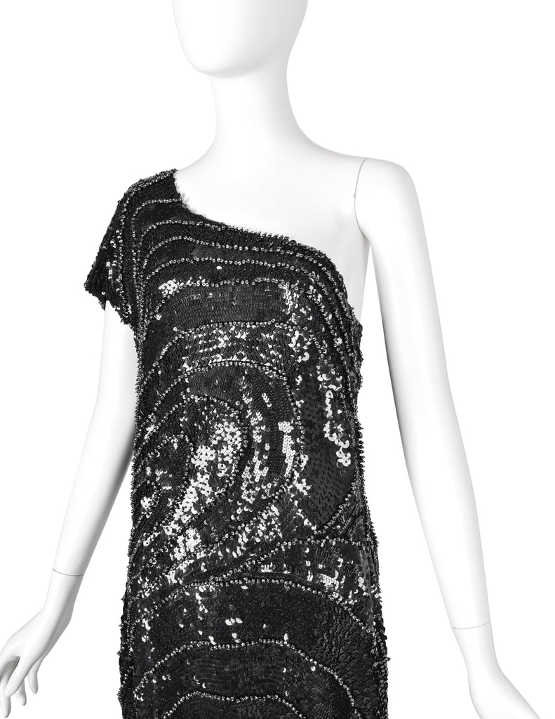 Krizia Vintage AW 2006 Black Silver Beaded Sequin Silk One Shoulder Gown