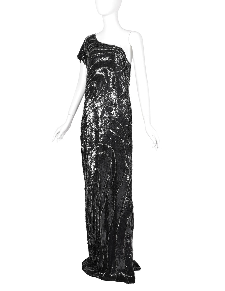 Krizia Vintage AW 2006 Black Silver Beaded Sequin Silk One Shoulder Gown