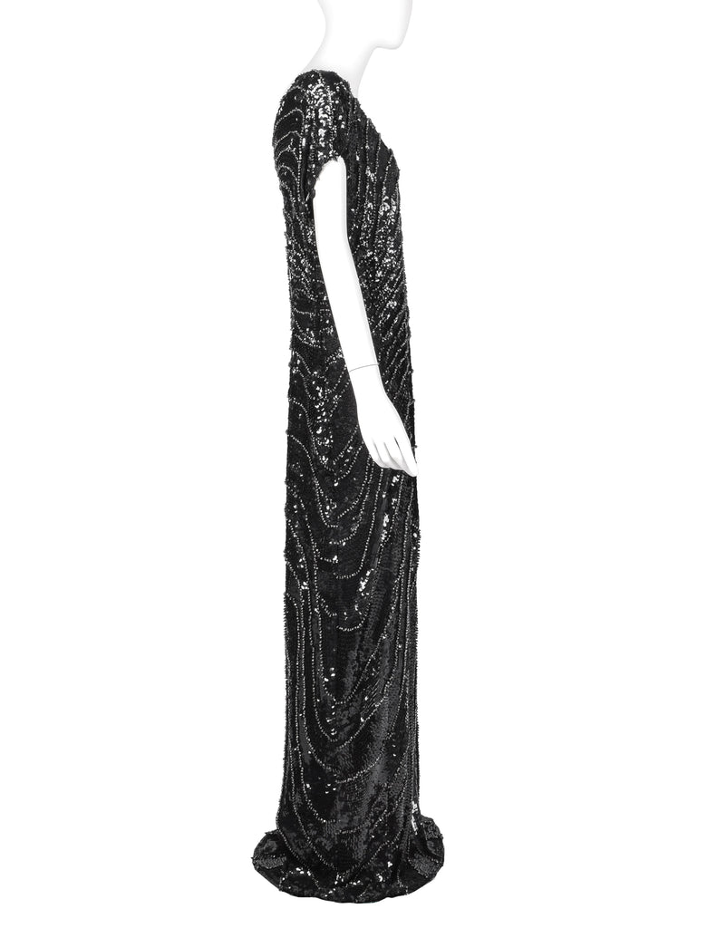Krizia Vintage AW 2006 Black Silver Beaded Sequin Silk One Shoulder Gown