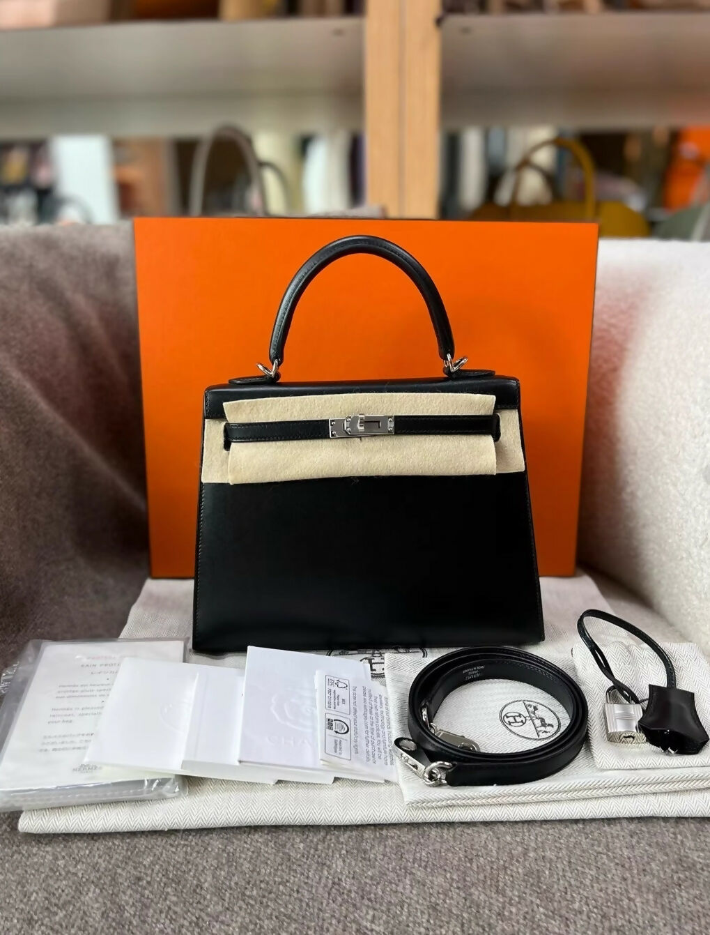 Hermes Kelly bag 25 Sellier Black Tadelakt leather Palladium hardware