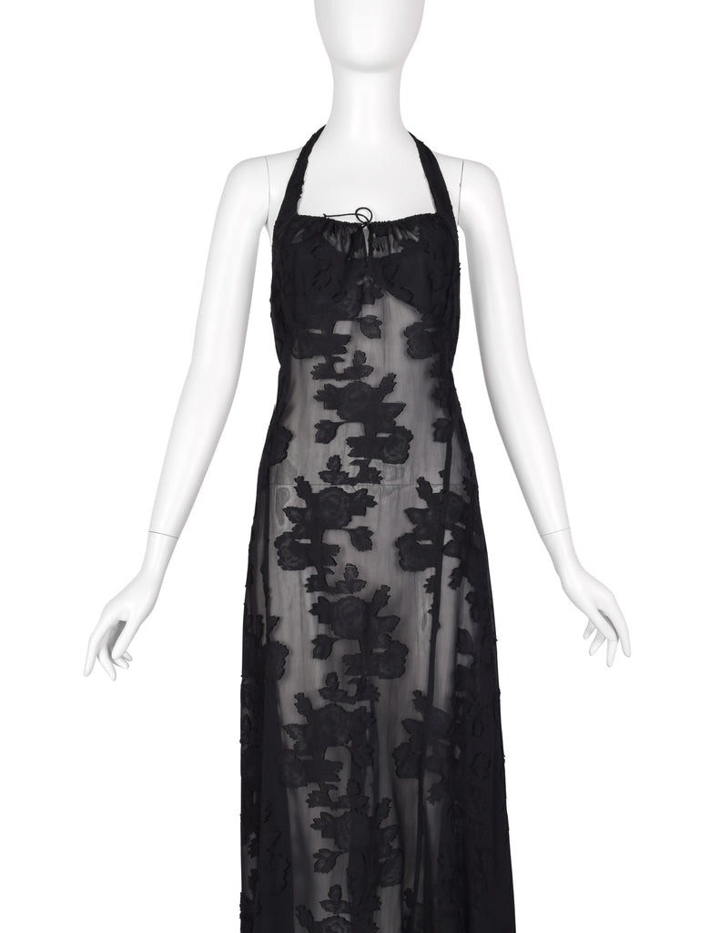 Martine Sitbon Vintage 1990s Sheer Black Floral High-Low Halter Dress