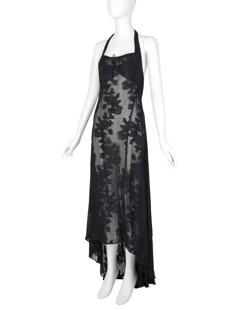 Martine Sitbon Vintage 1990s Sheer Black Floral High-Low Halter Dress