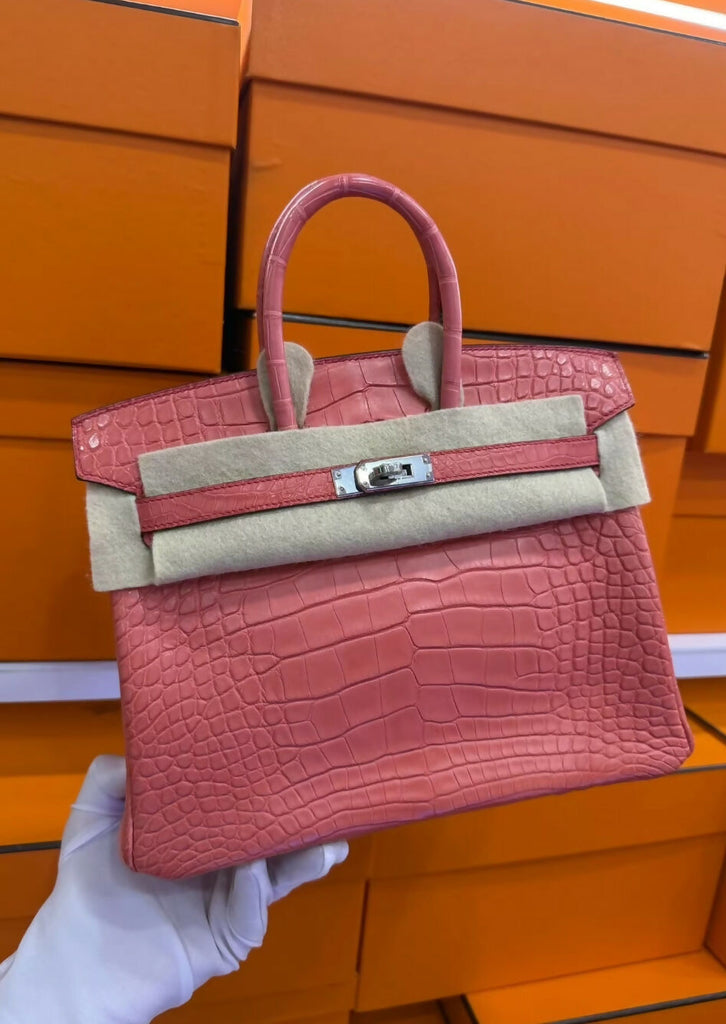 Hermes birkin25 rose azalée matte crocodile leather palladium hardware