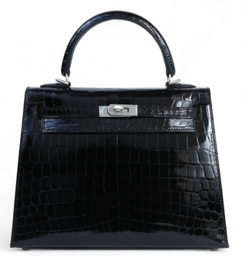 HERMÈS Kelly 25 Sellier Black Shiny Crocodile Brushed Palladium