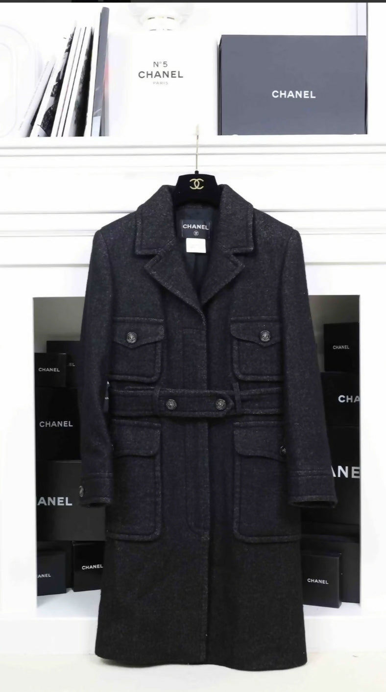 Chanel 13 black wool waisted four-pocket coat