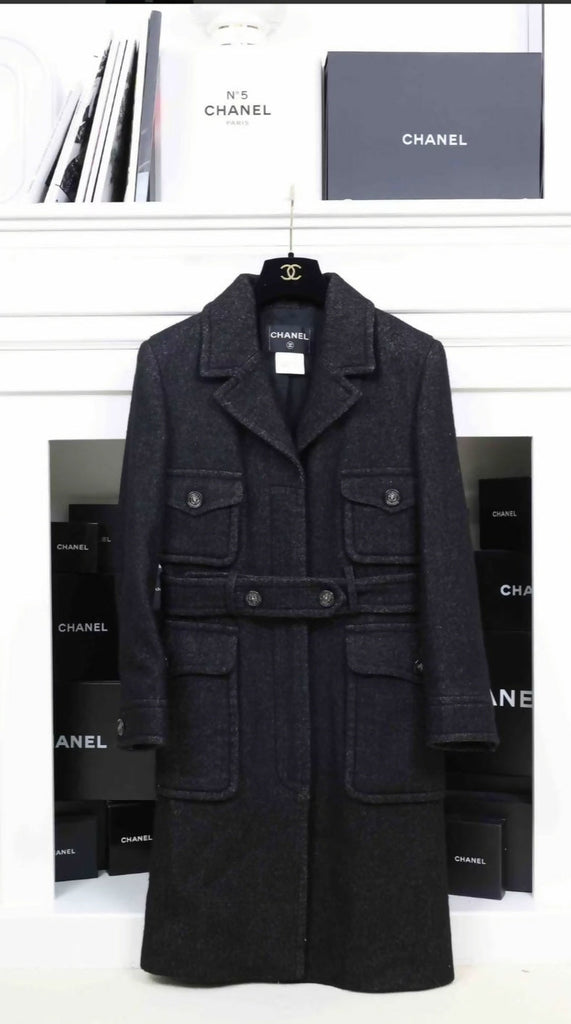 Chanel 13 black wool waisted four-pocket coat