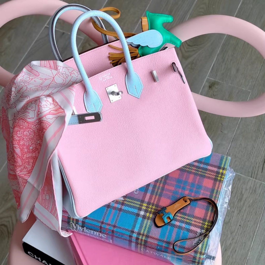 Hermès Birkin 25 3Q rose sakura pink & T0 Blue Brume Goatskin leather Brushed Palladium Hardware